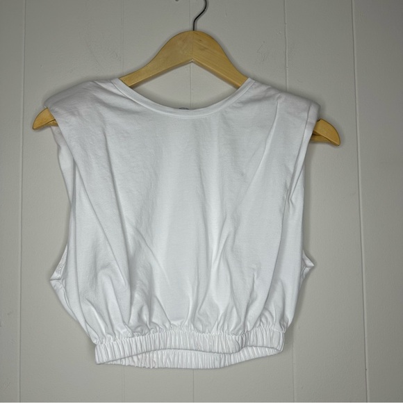 Zara White Pleated Padded Shoulder Crop Top Tee Elastic Hem Size S Shirt - Picture 2 of 11